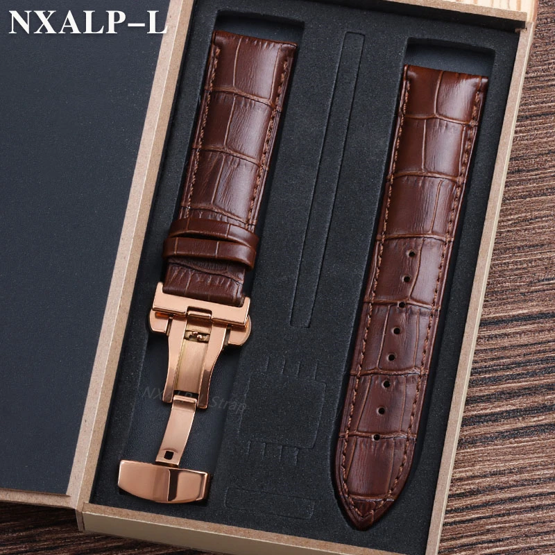 Luxurious Genuine Leather Watch Strap with Elegant Butterfly Clasp and Wooden Gift Box