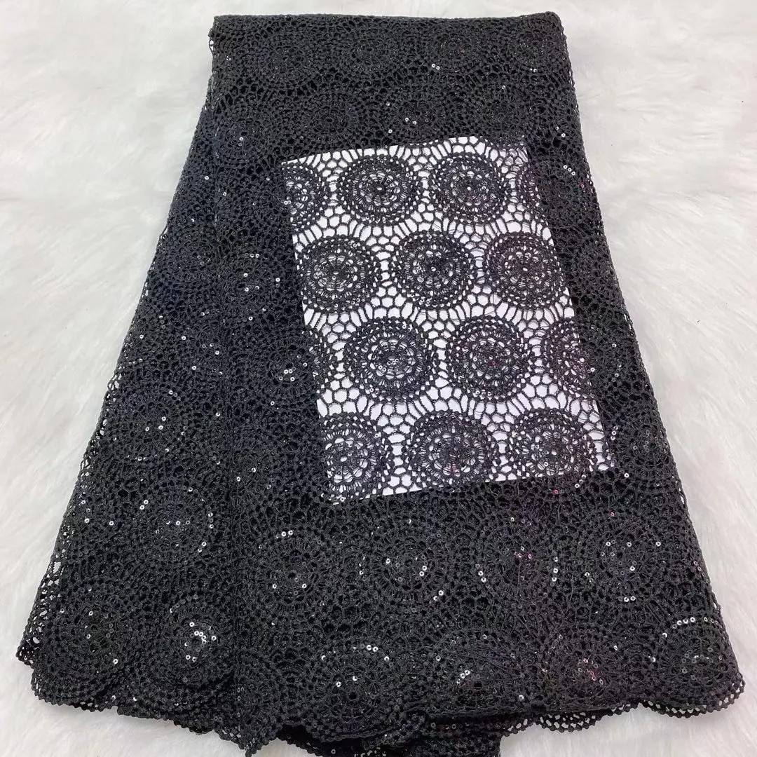 

NFYG01 Black Color African Water Soluble Lace with Sequins,Top Quality Embroidered Milk Silk Lace Fabric for Fashion Dress!