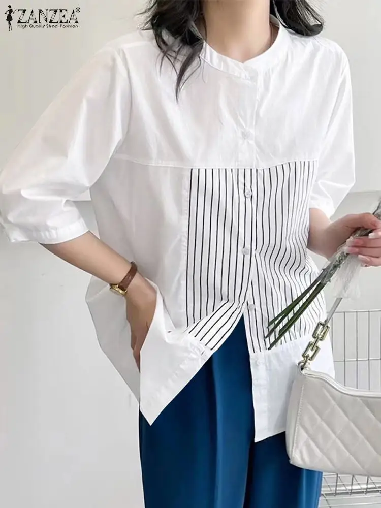 

ZANZEA Модная элегантная женская рубашка в полоску с пуговицами на пуху Blusas женские офисные Топы Chemise летняя блузка с рукавом 3/4 в стиле пэчворк