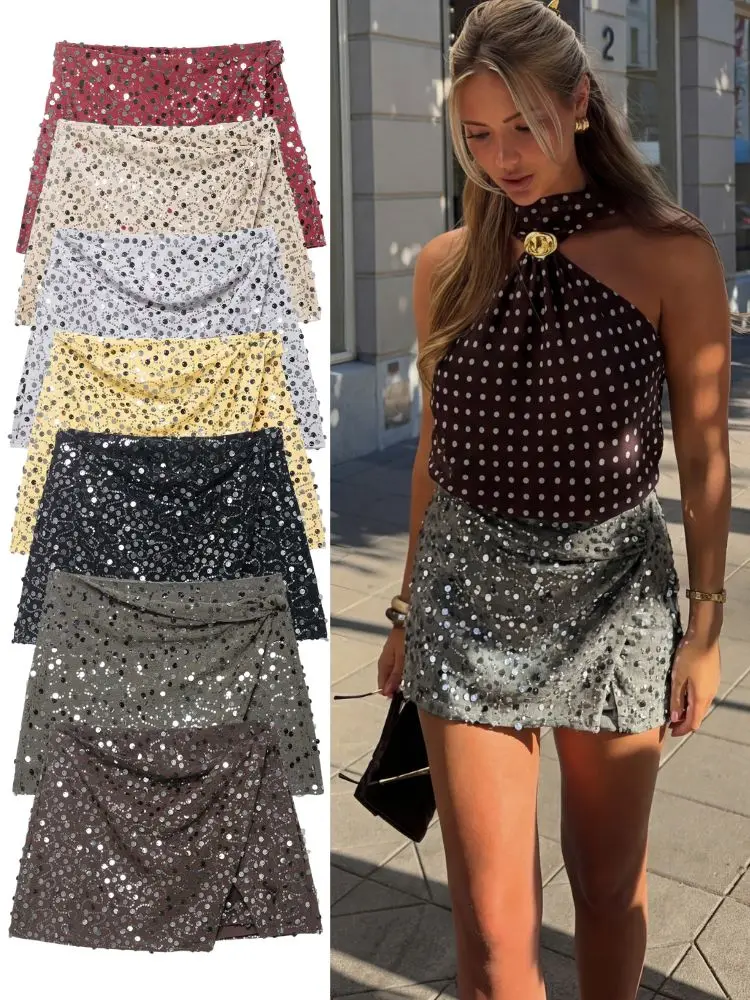 HH Elegante Frauen Soild Pailletten Mini Rock 2026 Frühling Sommer Weibliche Asymmetrische Seite Zipper Hohe Taille Straße Club Party Rock