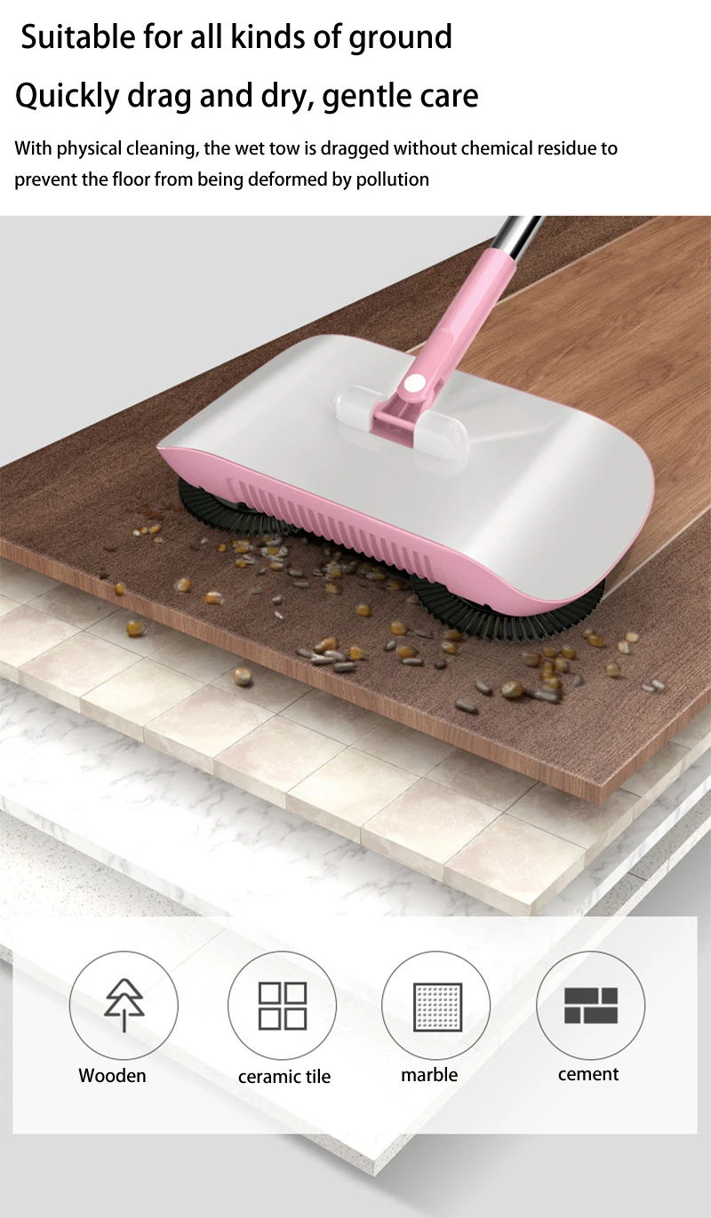Hand Push Sweeper Magic Broom Dustpan Set Housework Cleaning Mopping All-in-one Sweeping Machine Wet and Dry Mopping Tool