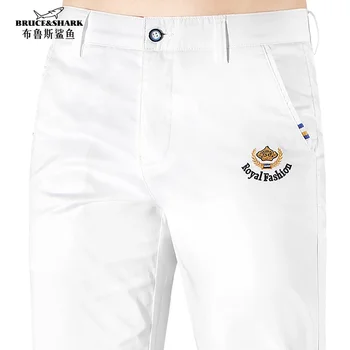 2024 New Men's Casual Pants Summer White Zip Fashions Smart Loose Straight Leg Men's Trousers 97%Cotton Stretching Bruce&Shark