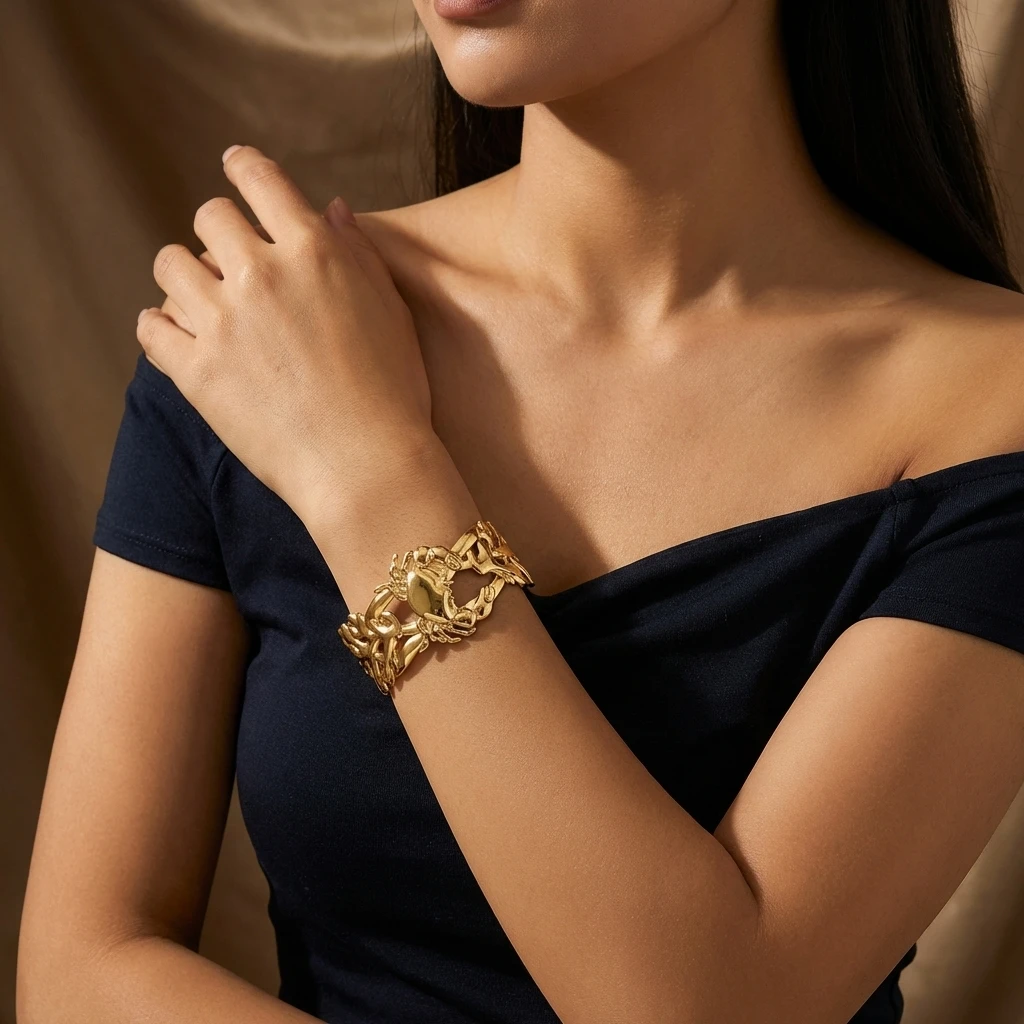 Elegant Chunky Crab Stainless Steel Hollow Leaves Cuff Bracelet - Wide Open Bangle Summer Fashion Jewelry Gift