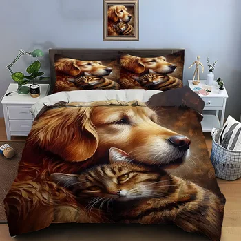 Warm dog and cat embrace painting Print Soft Comfortable Duvet Cover Bedding Set Included 1*Duvet Cover 2*Pillowcases 1