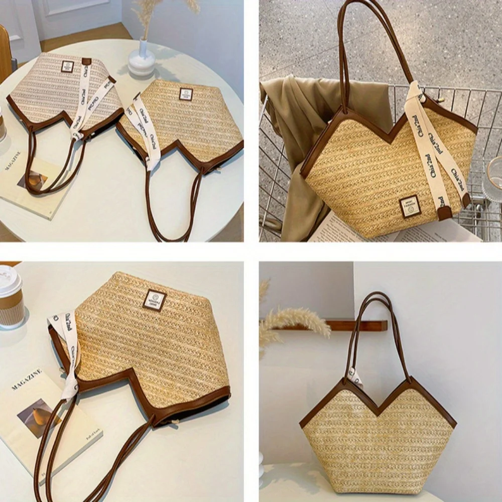 Chic Straw Woven Beach Tote Bag for Women Lightweight Woven Handbag Shoulder Bag Perfect for Summer Vacations, Pool Days, Travel