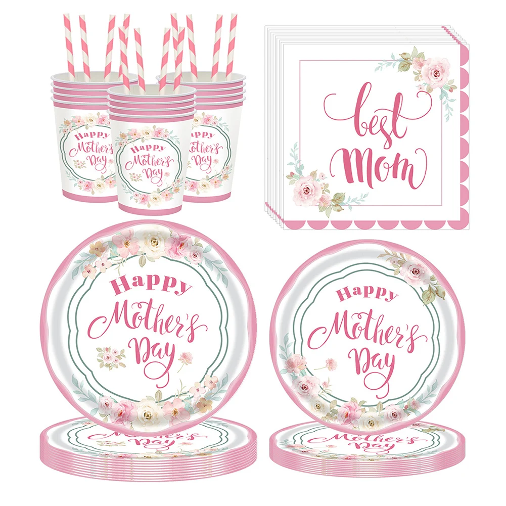 Disposable Tableware Set Pink Flowers Theme Mother's Day Party Decoration Dinner Plates Dessert Plates Napkins Paper Cups Straws