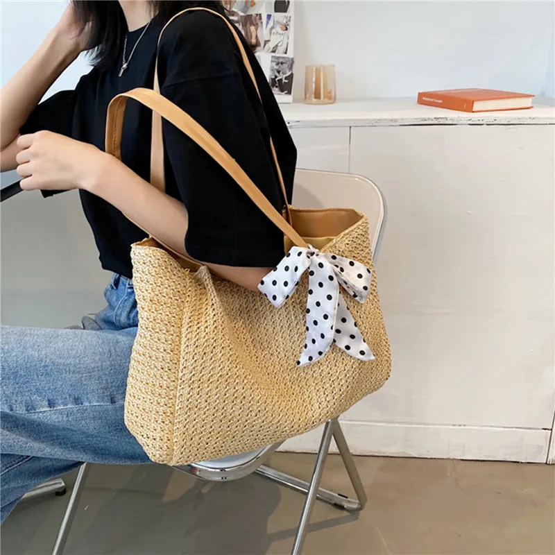 

Casual Straw Women's New One-Shoulder Silk Scarf Bowknot Woven Handbag Summer Beach Bag Large Capacity Portable Lady Tote Bag