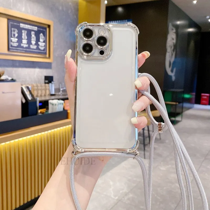 Clear Strap Crossbody Shockproof Plating Case with Lanyard Cord