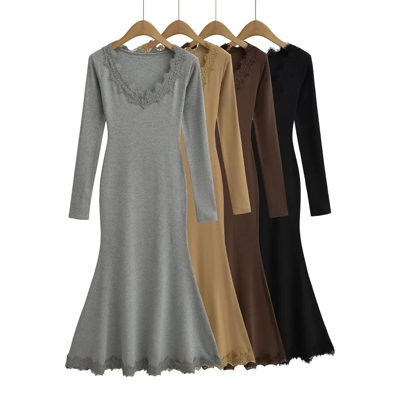 

Lace V-neck Long Sleeve Dresses for Women Sexy Pullover Solid Long Dress Vestidos