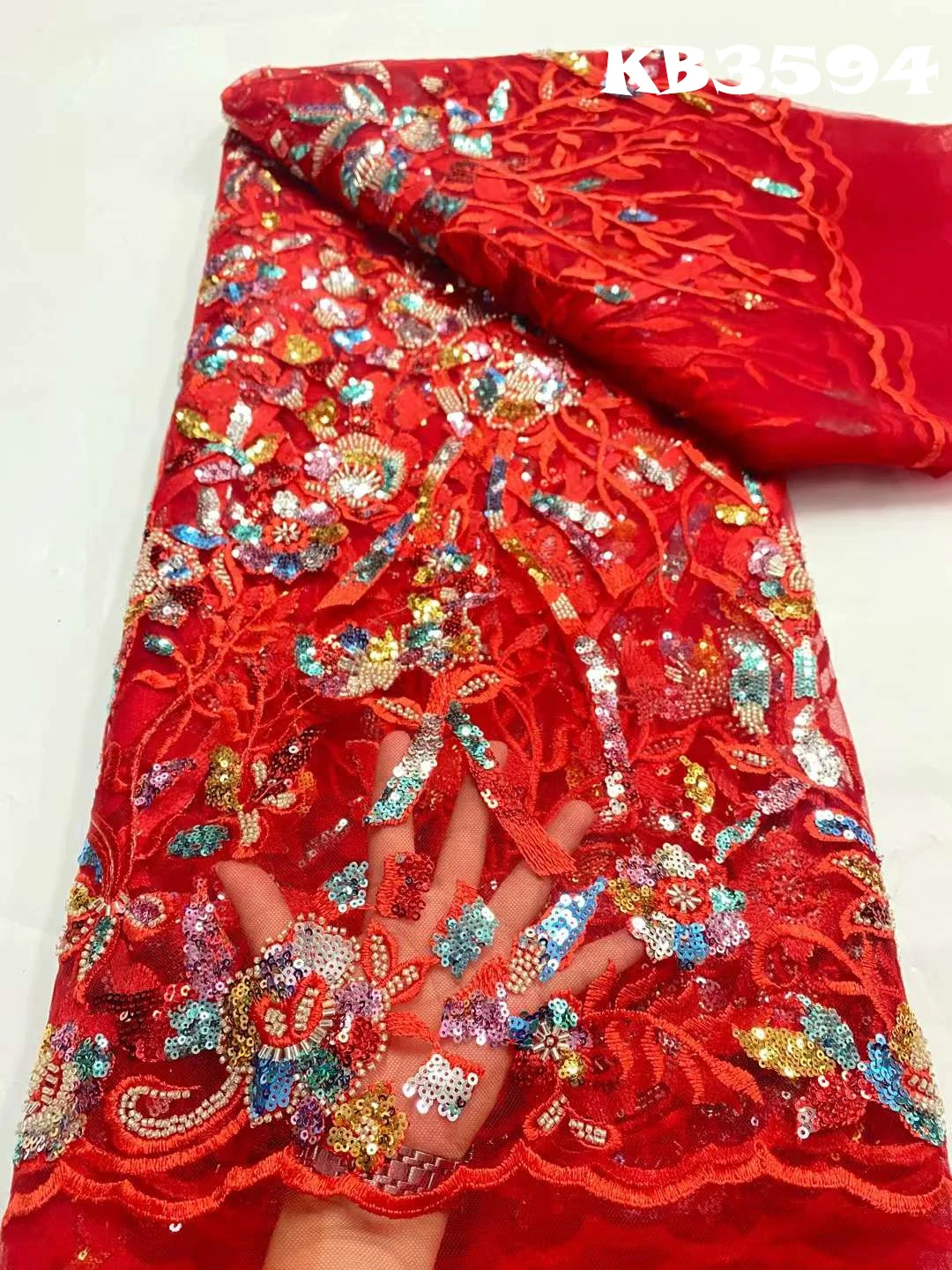 Orange Beaded Lace Fabric Latest Lace Fabric High Quality 2023 Nigerian Black Beaded Lace Fabric For African Wedding Party Dress