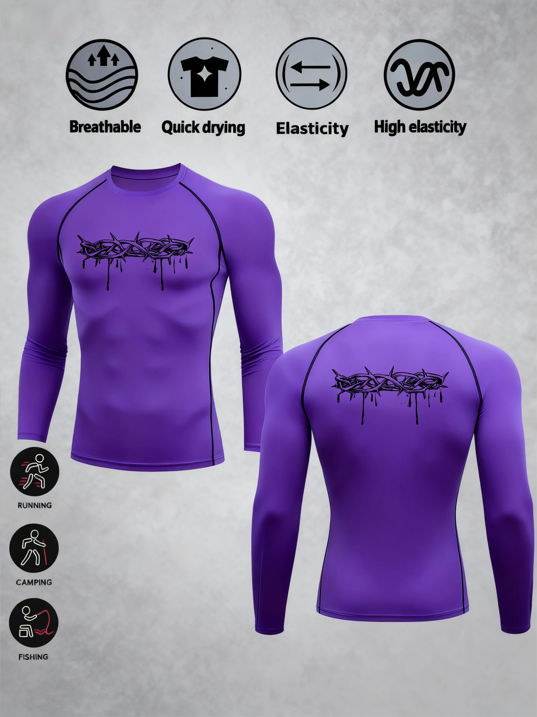 Men‘s Thorns print Compression Running T-Shirt Fitness Tight Long Sleeve Sport T-shirt Training Jogging Shirts Quick Dry Clothes 14 S7c29d58a32104163a70a91be1c0bd077y