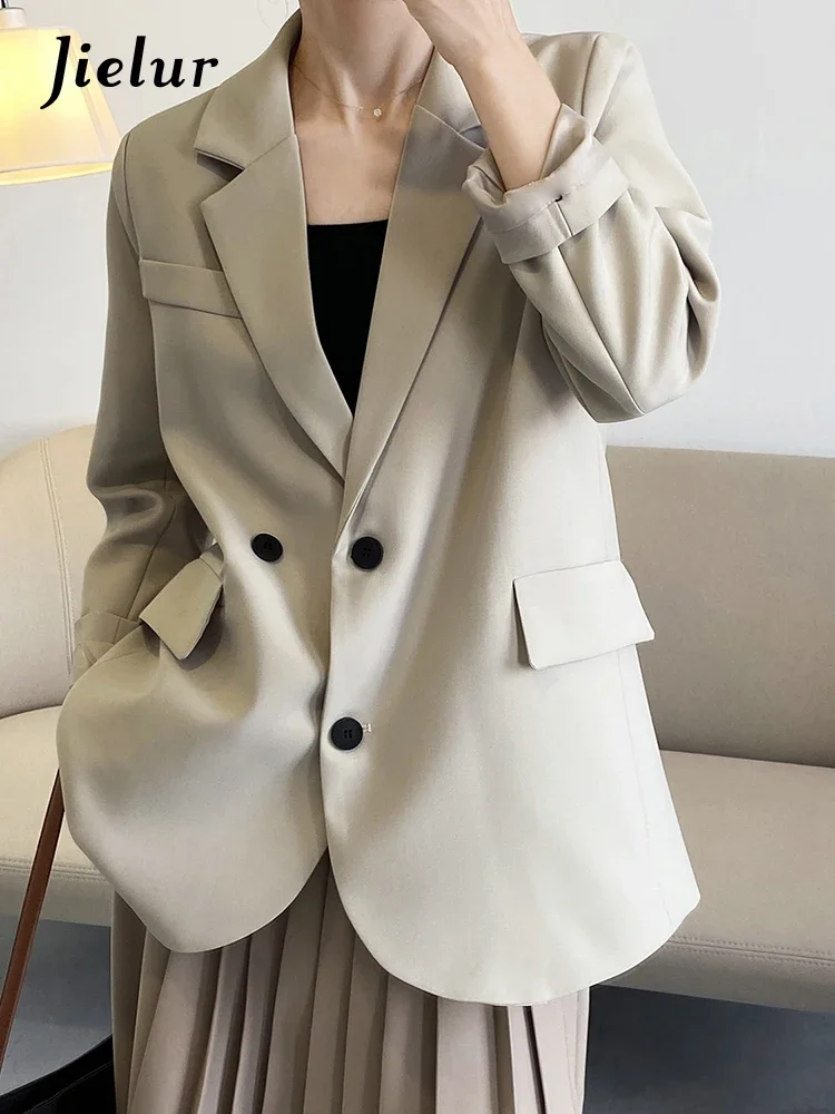 Jielur Double Breasted Oversized Black Blazer Women Autumn