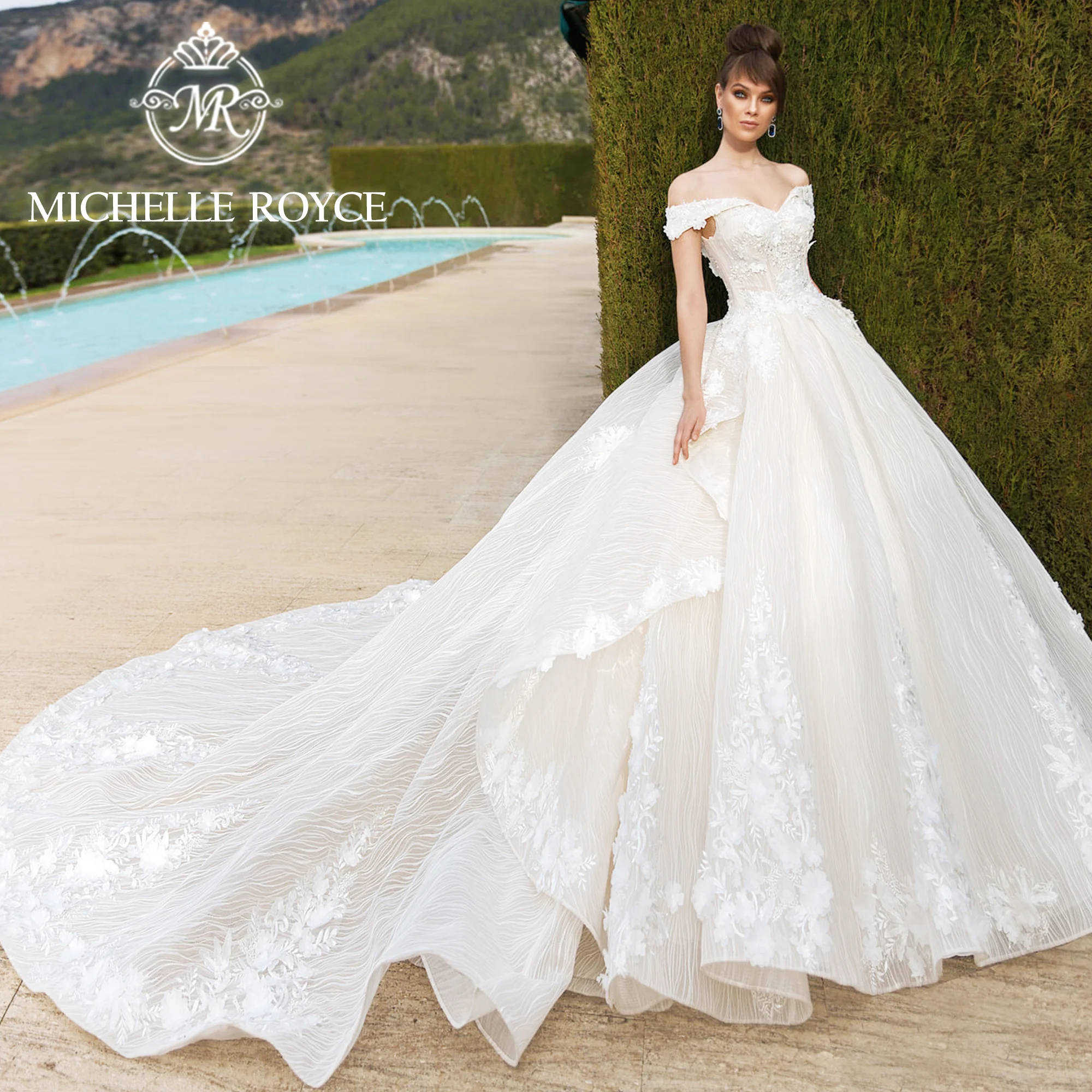 

Бальное платье Michelle Royce, свадебное платье 2023 с открытыми плечами, аппликация, оборки, шнуровка, королевское свадебное платье, свадебные платья