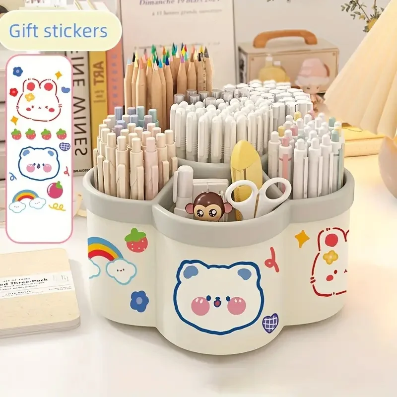 Pen Holder Desktop Storage Box Cartoon Fire Wheel 360 Degree Rotating Large Capacity Office Stationery Organizer