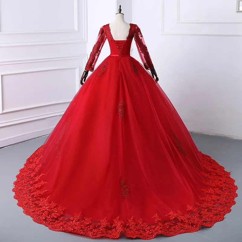 Long Sleeve Belt Lace Quinceanera Dress With Sweep Train Luxury Party Prom Dress Plus Size Vestidos 15 For Girl Customized