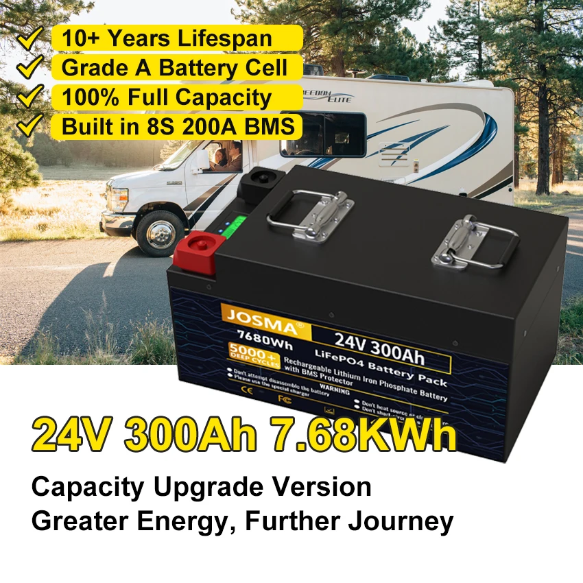Lifepo4 24v 300ah Battery Pack 101 Capacity 25.6v 7.6kwh 8s 200a Bms