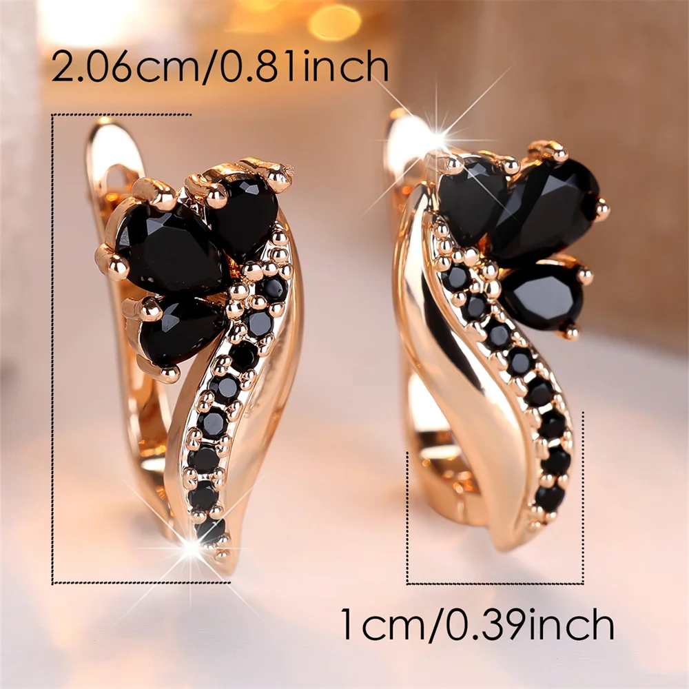 Antique Black Crystal Water Drop Stone Hoop Earrings For Women Vintage Gold Color Small Flower Ear Buckle Wedding Jewelry Gifts