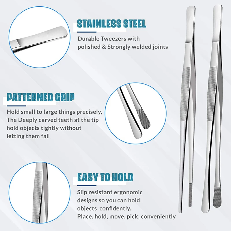 2Pcs 12-Inch Stainless Steel Kitchen Cooking Tongs for Beauty Repairing Pet Feeding BBQ Arts Crafts Food Styling