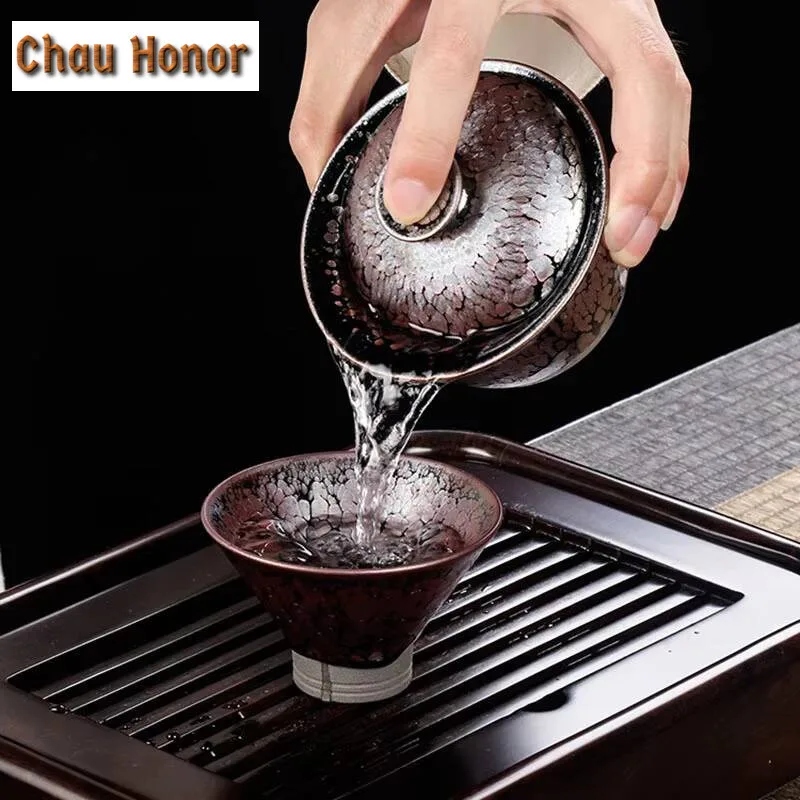 150ml Boutique Oil Droplets Raw Ore Iron Tire Jianzhan Ceramic Sancai Gaiwan Handmade Tea Tureen Kung Fu Tea Bowl Gift Packaging