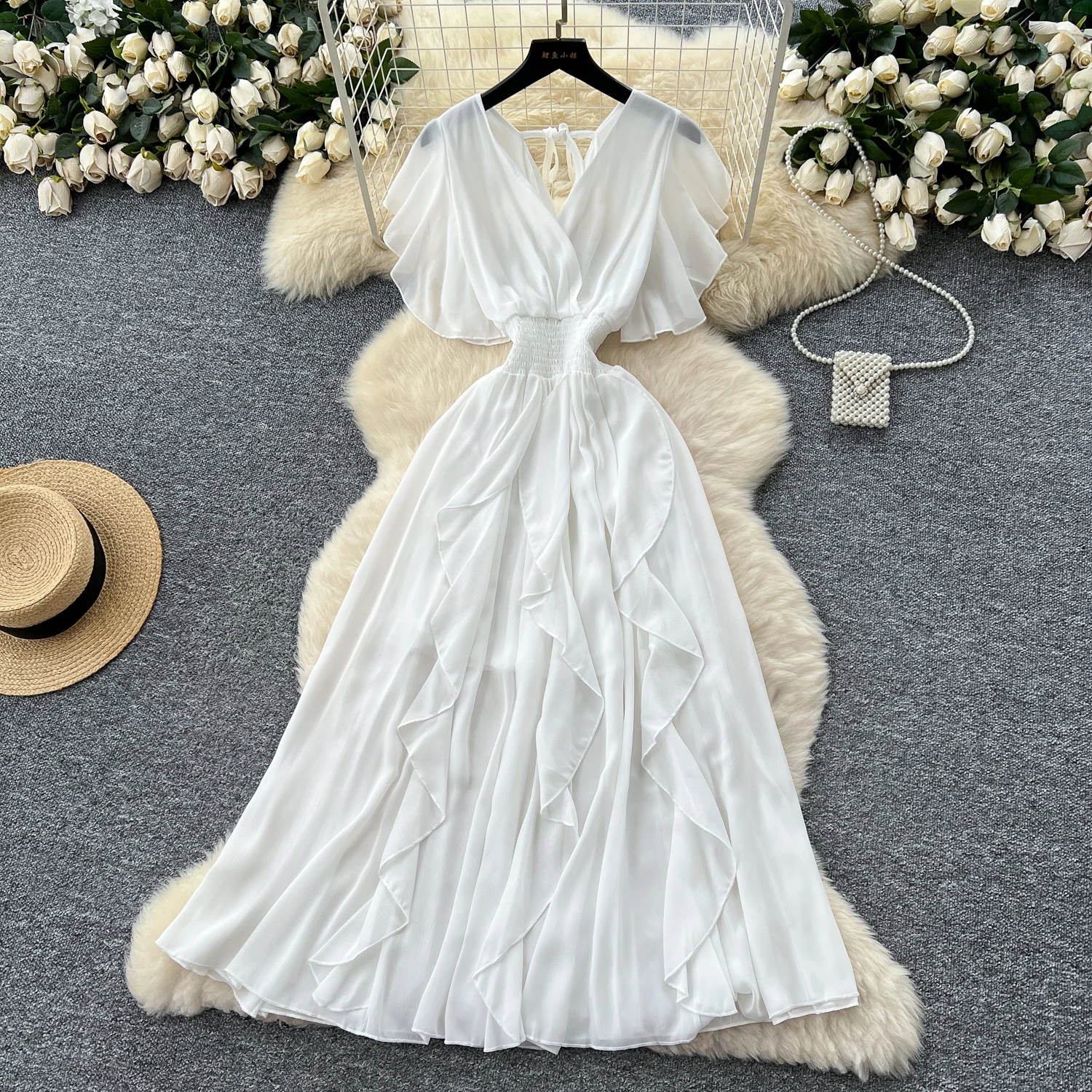 Elegant Criss-Cross chiffon short sleeve Vintage Chic Slim Ball Gown Dresses French Evening High Street Clothing