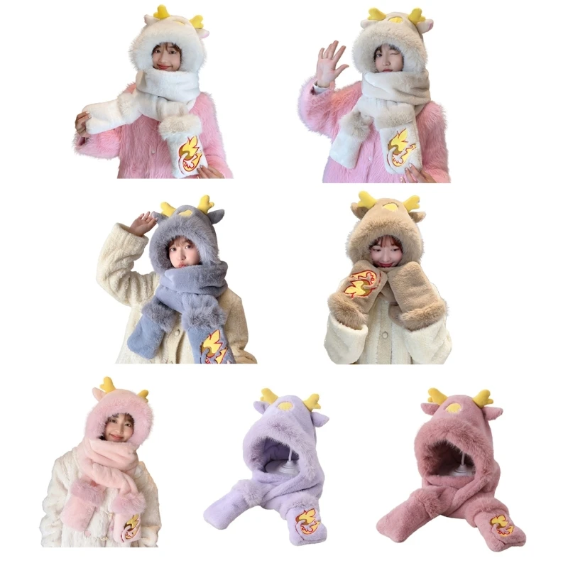

Trendy Women Plush Hat Gloves Scarf 3in1 Suit Christmas Antler Warmth Hat Gloves Adults Winter Hat for Teenagers