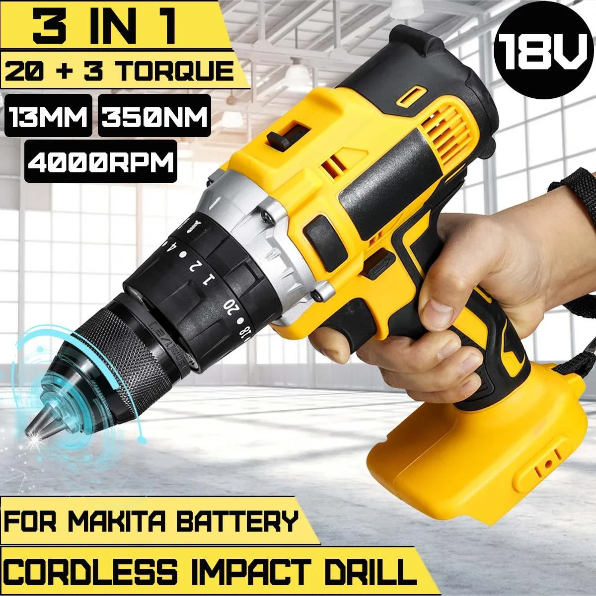 

13mm 18V Electric Cordless Impact Drill 20+3 Torque Rechargeable Hammer Drill Screwdriver 3 in 1 Power Tool for Makita Battery