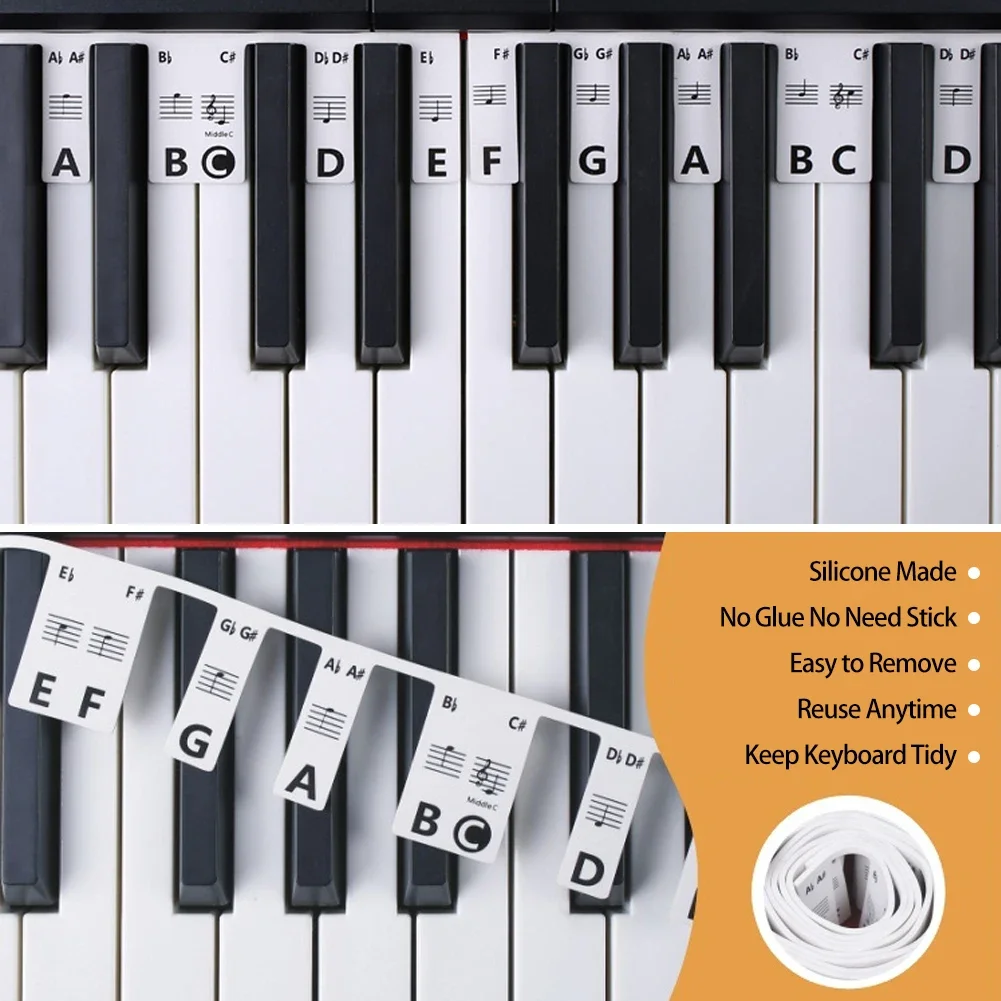 88/61 Keys Removable Silicone Piano Keyboard Guide Stickers Reusable Piano Key Note Labels Electronic Beginners Accessory