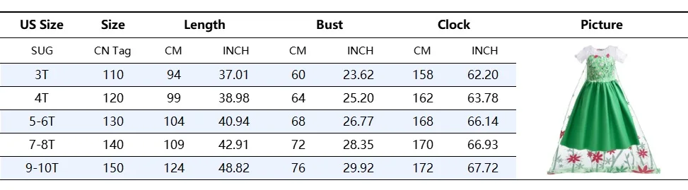 Elsa Green Dress for Kids Girl Princess Costume Dresses Children Long Cloak Floral Lace Ball Gown Summer