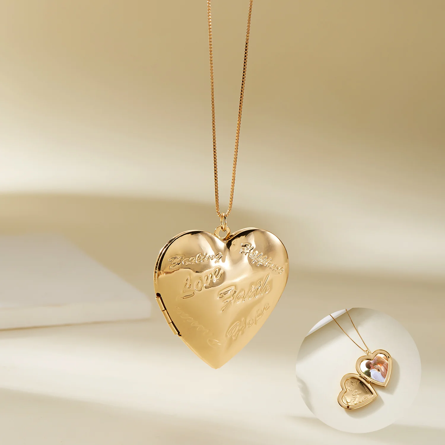 Gold Plated Heart-shaped Pendants Can Openable Photo Frame Love Faith Hope Locket Pendant Necklace Family Jewelry Gift