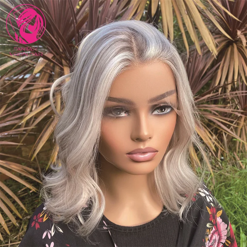 

Cheap Bob Medium Human Hair Wig Platinum Blonde White Highlights Lace Front Wig 13x4 Natural Wavy Pre Plucked Women Lace Wigs