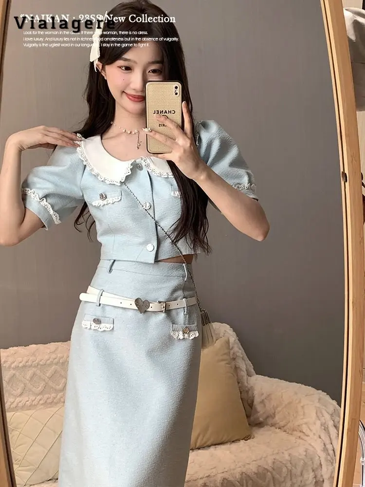 

2023 Summer Sweet Elegant Patchwork 2 Piece Set Women Peter Pan Collar Short Coat Top + A-line Skirt Slim Two Piece Skirt Set