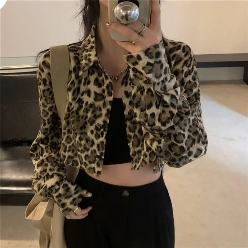 QWEEK Leopard Print Cropped Shirt Woman Y2k Vintage Long Sleeve Blouse Korean Harajuku Fashion Cardigan Spring Gothic Streetwear