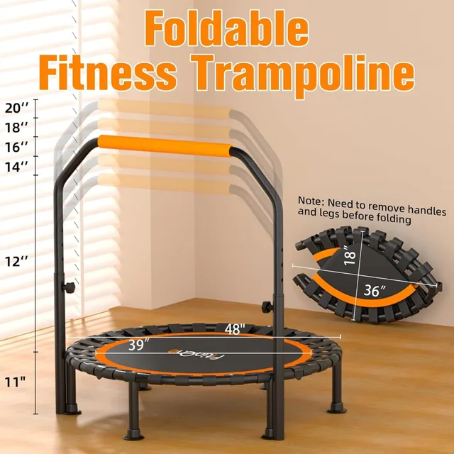 Foldable Mini Trampoline 40/48 inch, 330lbs Capacity, Portable Rebounder with Bungee Bands for Adults & Kids