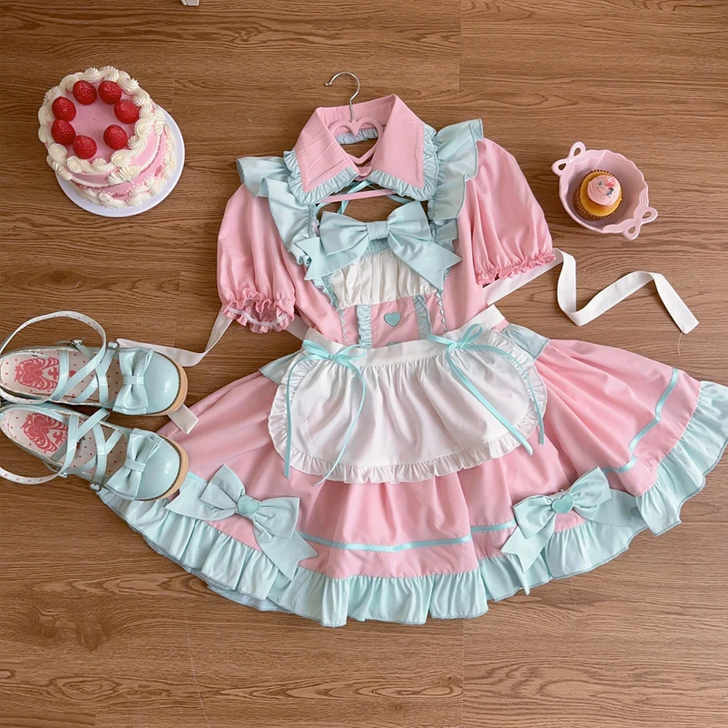 Anime Japanese Gothic Lolita Sweet Apron Bow Maid Dress Set Women Girls Puff Sleeve Cute Dress Halloween Party Cosplay Costumes