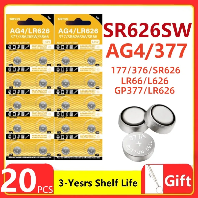 

20PCS AG4 LR66 377 1.55V Button Batteries For Watch Toys Remote 377A SR626 196 SR626SW CX66 L626 376 Cell Coin Alkaline Battery