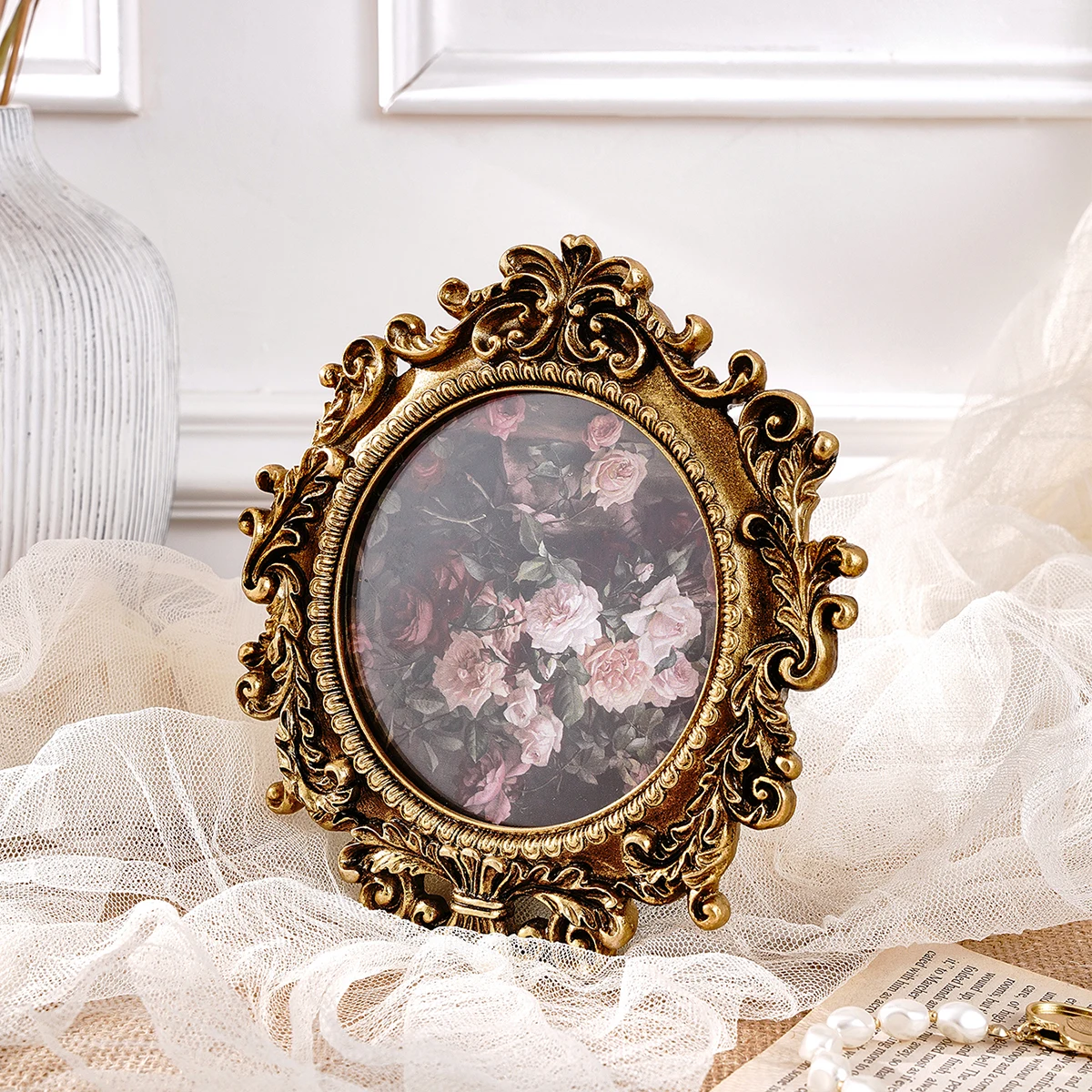 1PC Retro Gold Lace Decoration Round Photo Frame, Suitable for Photo Display Home Decoration Photography Shooting Props