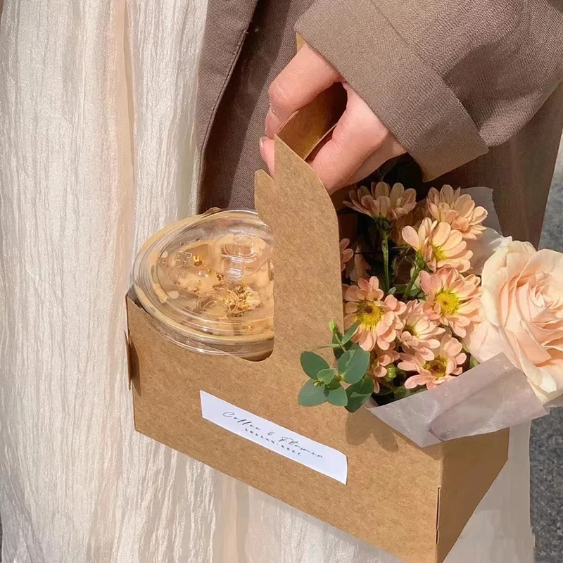 10pcs Portable Flower Gift Bag Kraft Paper Holder Coffee Flower Cake Dessert Packaging Box Photo Favor Drink Carrier With Handle