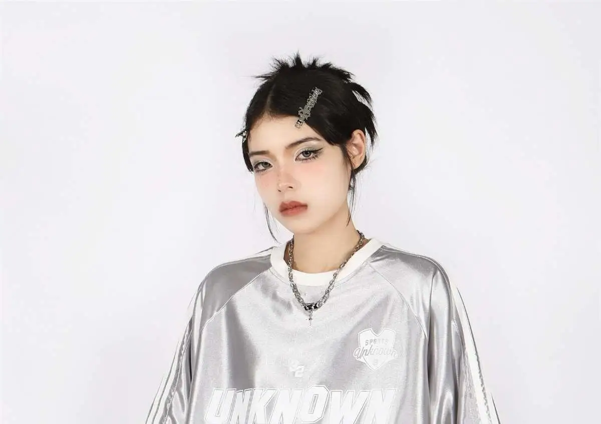 Silver Original Shiny Design Short Sleeve T-shirt Women's