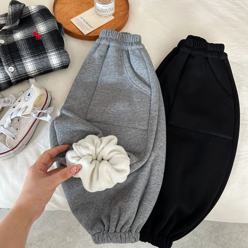 

Children's Trousers 2023 Winter New Boys and Girls Solid Color Light Board Sweatpants Baby Loose-Fit Tappered Trousers Thick