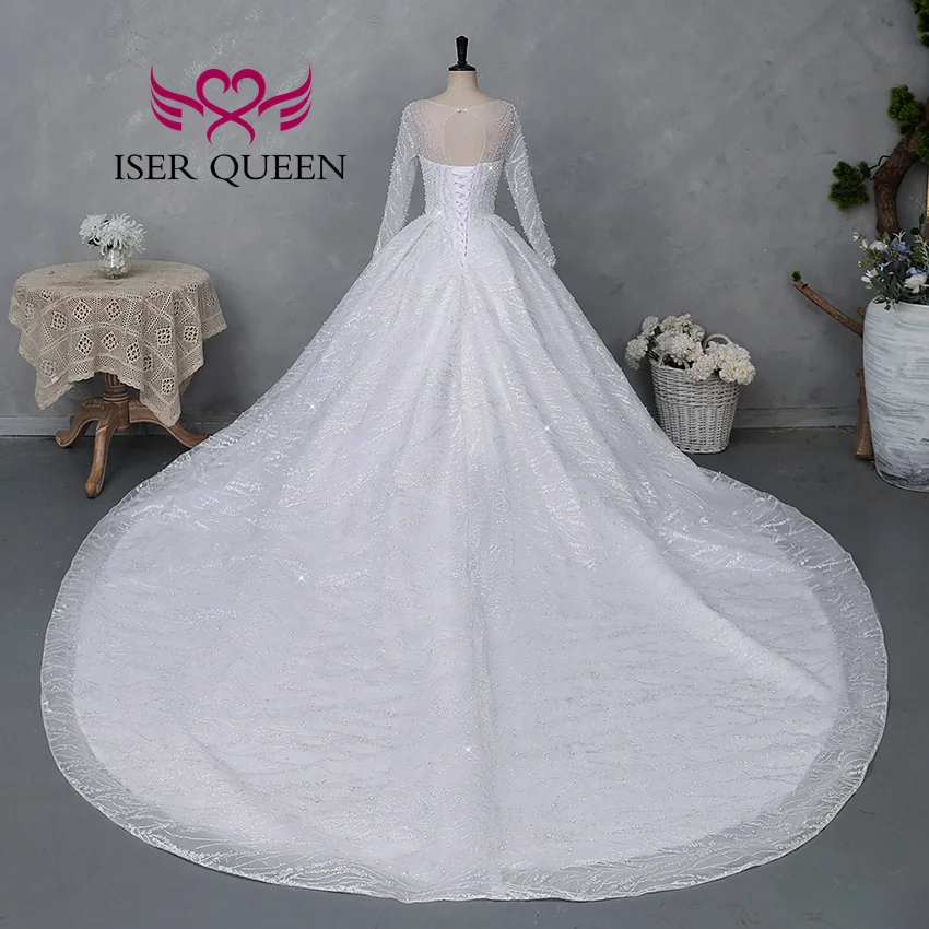 Customized Full Sleeves Africa Style Wedding Dress With Pearls Crystal Heavy Beading Shiny Tulle Plus Size Wedding Gown WX0466