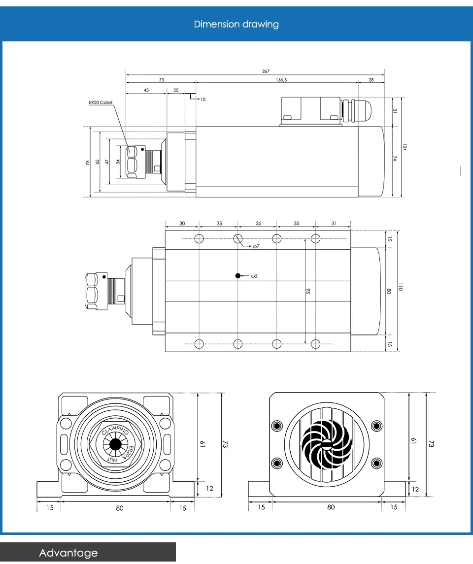 G-Penny 220V 2,2kW ER20 Luftgekühlter Spindelmotor 4 Lager 0,01mm Genauigkeit Quadratischer Typ Mit Flansch und 2,2kW H100 Wechselrichter – Detail 3