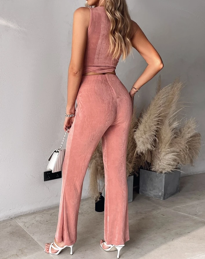 Two Piece Set Women Outfit 2024 Summer Tied Detail Round Neck Sleeveless Velvet Top & Casual Plain Daily Flared Leg Pants Set