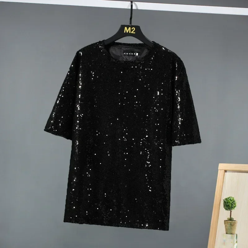 2024 Stage Performance T-shirt Men's Summer New Sequin Pullover