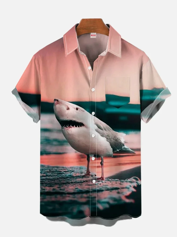 2024 Summer New Funny Animal Bald Pig Print Short Sleeve Shirt Retro Donkey Lamb Fashion Street Men's Lapel Button Shirt 5