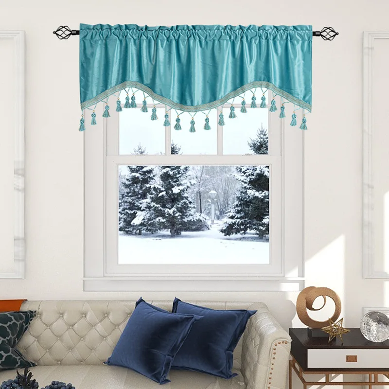 

Double-Sided Chenille Window Curtains Tier Solid Scalloped Waterfall Swag Valance with Tails Rod Pocket for Kitchen Living Room