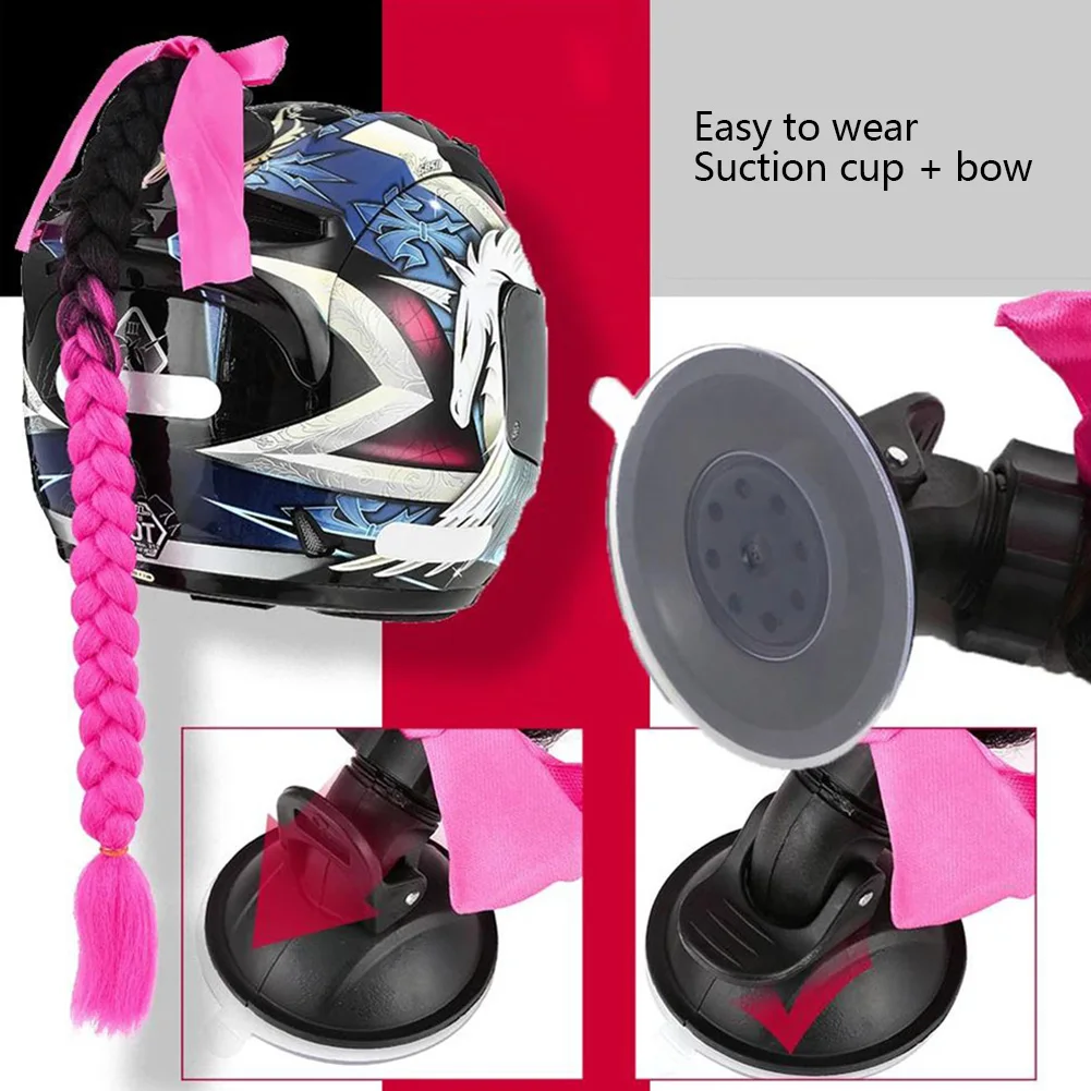 Creative Syntheitc Helmet Pigtails Gradient Ramp Helmet Braids Ponytail Hair With Suction Cup With Bowknot For Motor Bike 1Pc