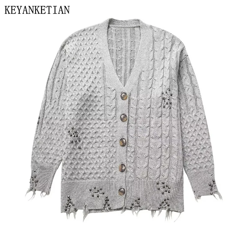 

KEYANKETIAN Winter New Women's Rivet Frayed Trim Decoration Padded Twist Sweater Cardigans Fashion Button-up V-Neck Knitwear Top