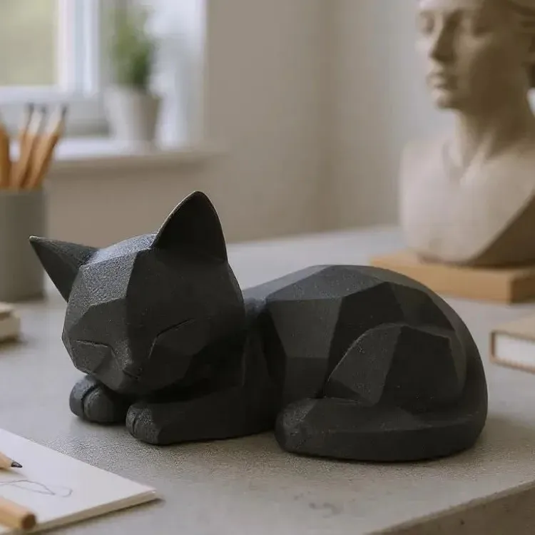 3D Printed White Black Cat Statue - Geometric Modern Room Decor Figurine Sculpture for Home Office Table Shelf Desk Lying Cat 1