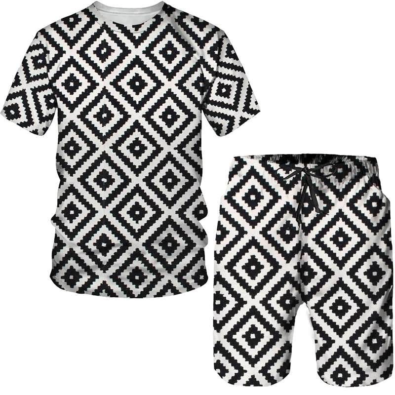 Summer men's jogging Sportswear Brand fashion two-piece dot geometry 3D printing short sleeved T-shirt+shorts casual suit