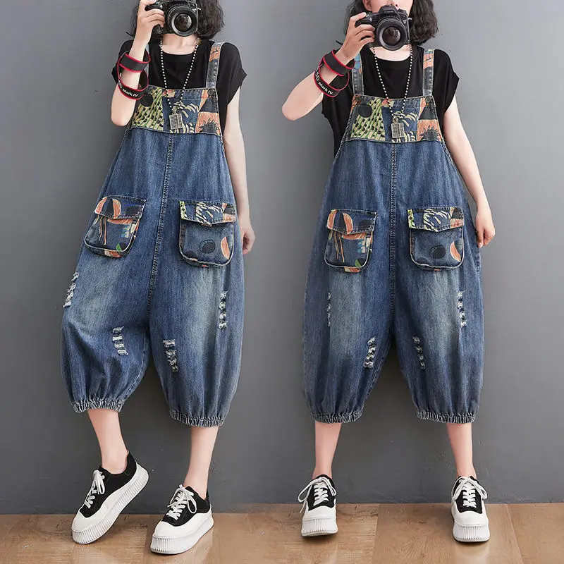 

Denim Overalls Bloomers Women's Summer Printing Stitching Wide Leg Cropped Pants Loose Suspenders Jumpsuit Vintage Jeans h970